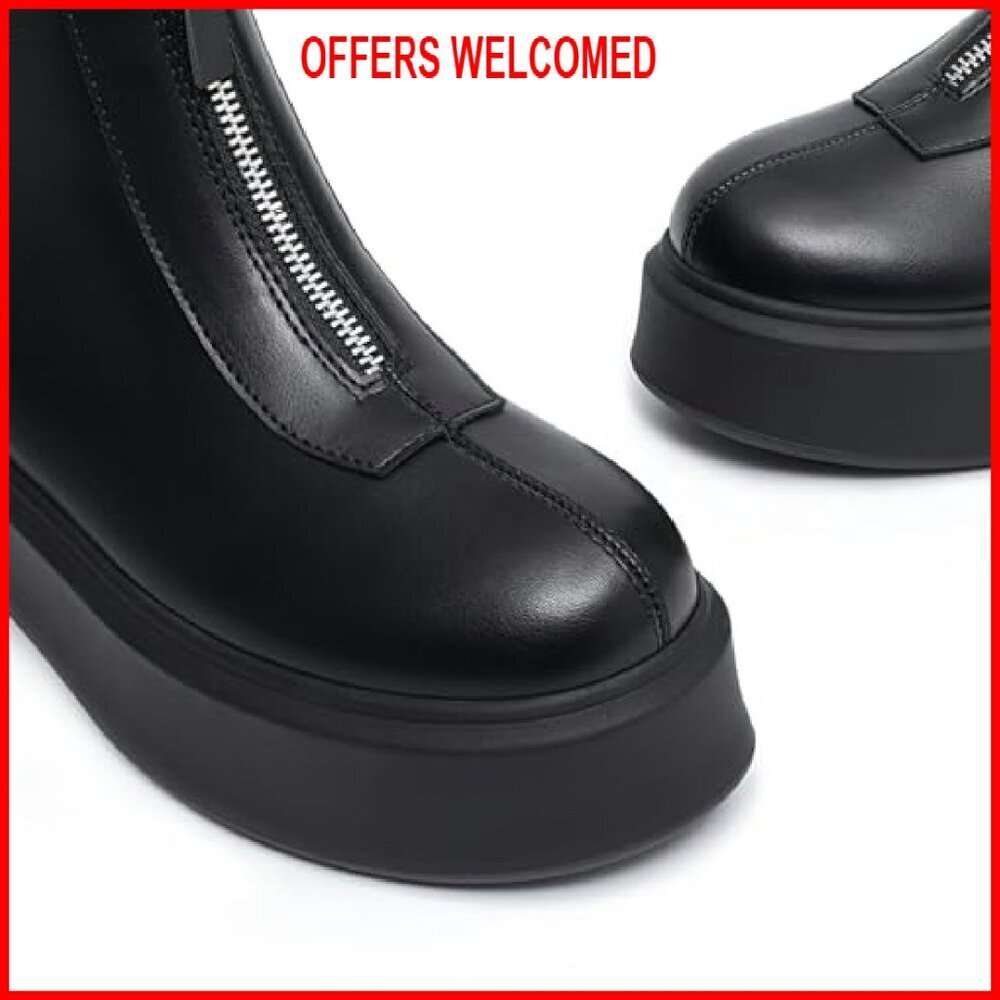 Platform Ankle Boots Round Toe Chunky Heel Front Zipper Comfortable - Picture 4 of 8